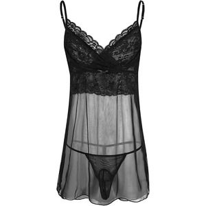 Men's 2 Piece Sheer Pajamas Nightwear Lingerie Set Pouch Panties Sleepwear